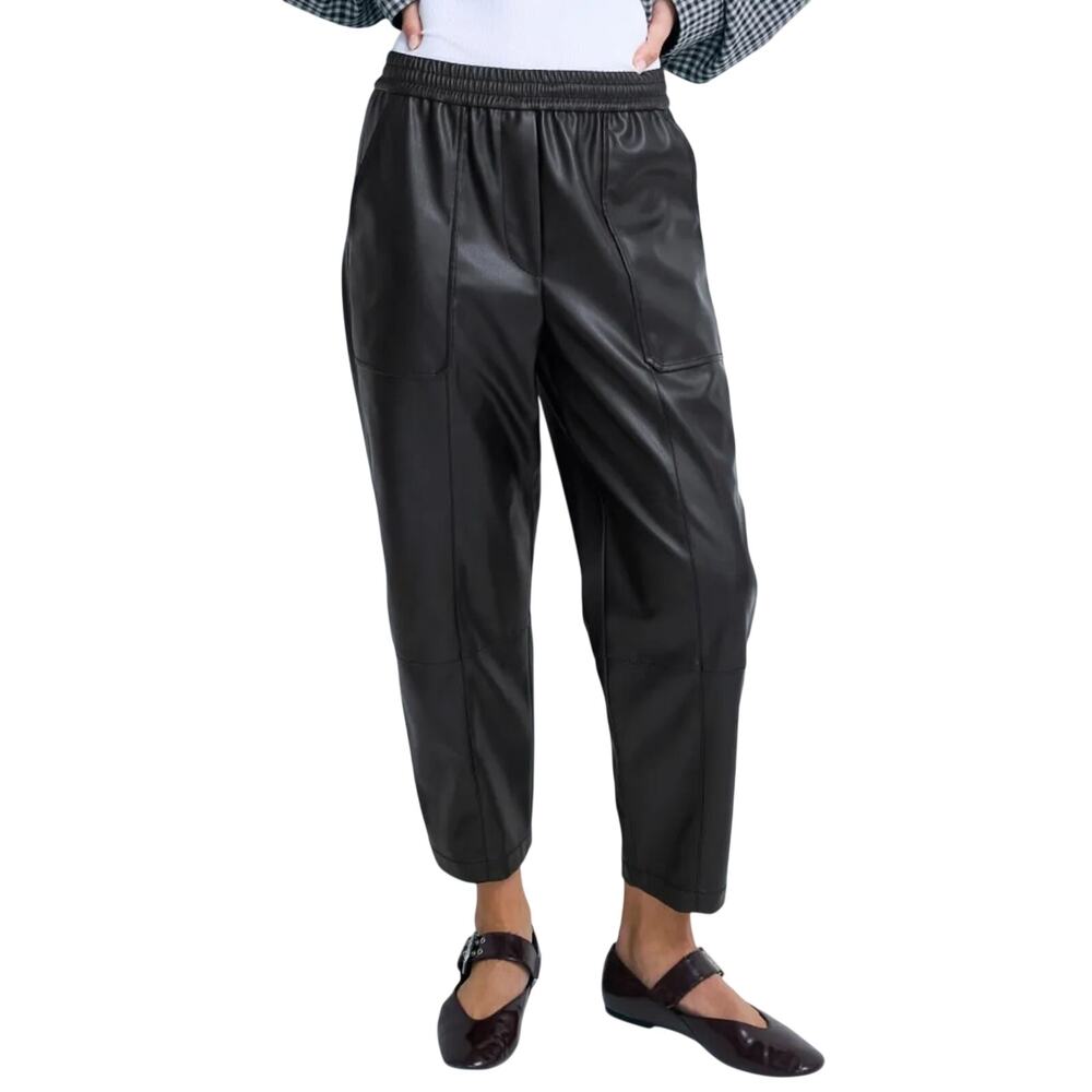 3.1 Philip Lim Vegan Leather Barrel Leg Pants Black Pull On Trouser Size L NWT